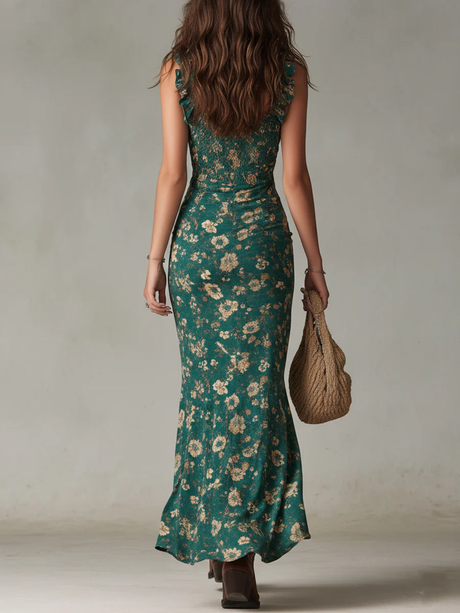 Elara | Rüschen Blumen Schlitzkleid