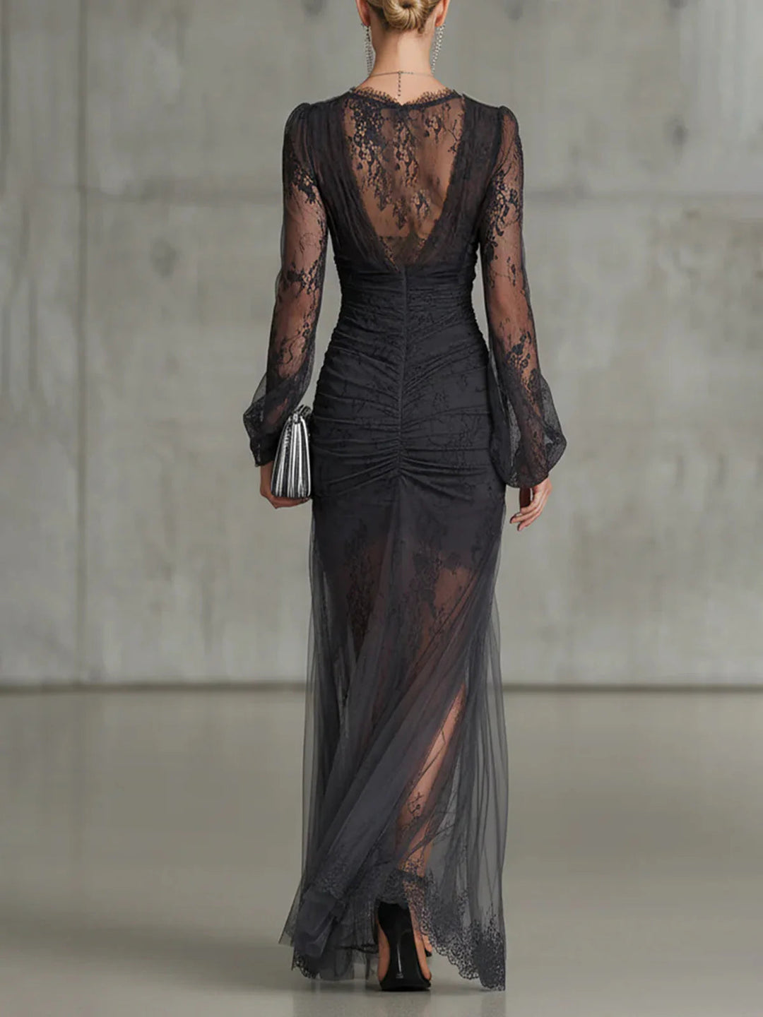 Sofia | Dunkelgraues Spitzen-Raffiniertes Maxikleid