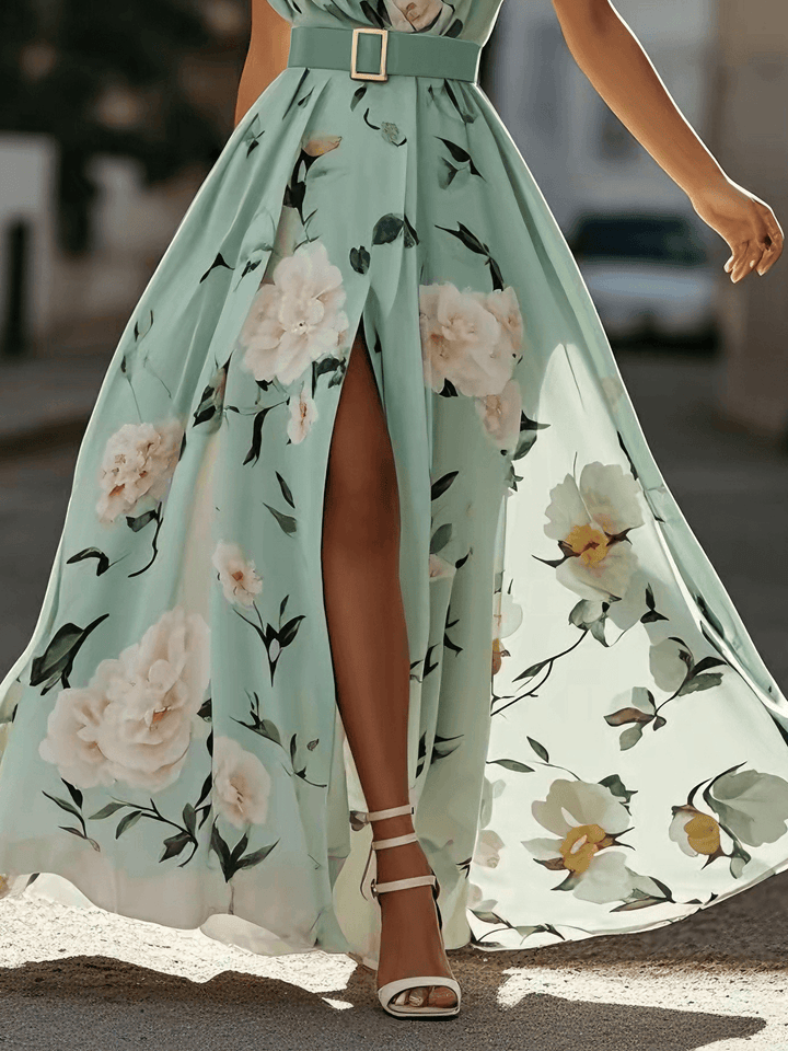Julie | Hellgrünes Blumenchiffon-Ein-Schulter-Maxikleid