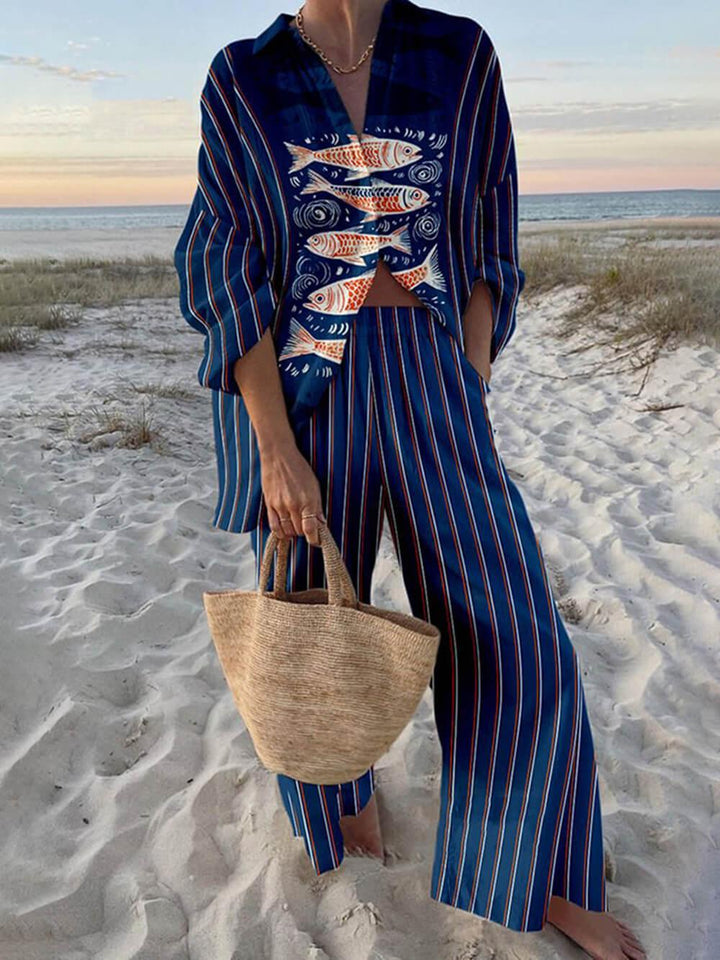 Mae | Übergroßes Hemd mit Ozeanprint im Inselstil und elastischer Taillenhose mit Taschen
