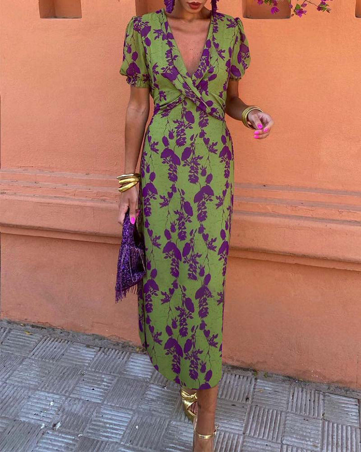 Abigail™ Schickes Blätterdruck V-Ausschnitt Kleid