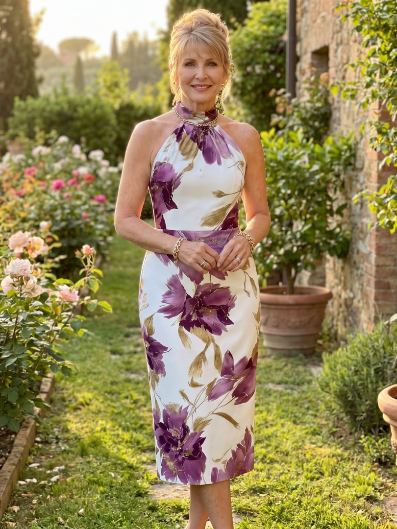 Zinnara | Halterneck Blumenmuster Midi-Kleid