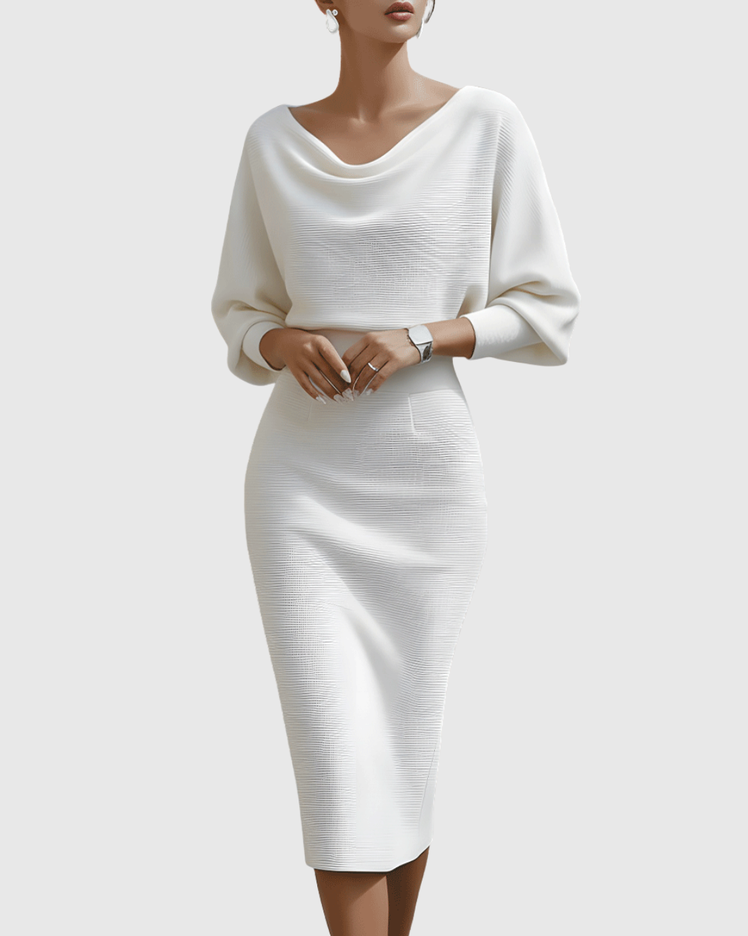 Ismeria | Weißes Drapiertes Batwing Midi Kleid