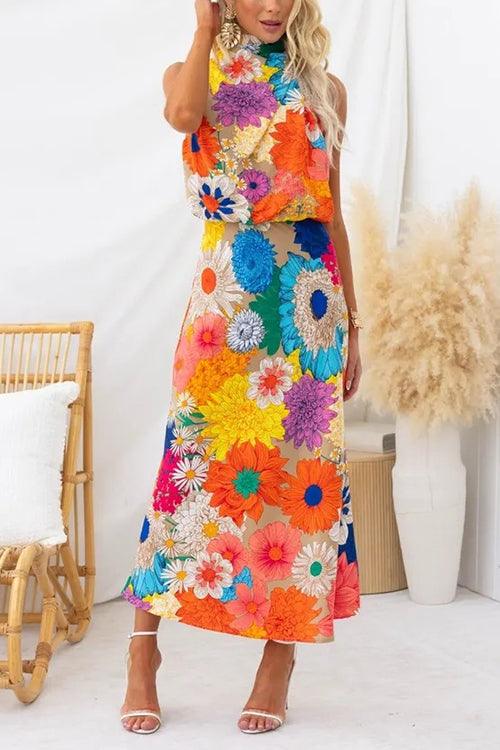 Sommer | Ärmelloses Maxikleid mit Bindegürtel und Blumenmuster