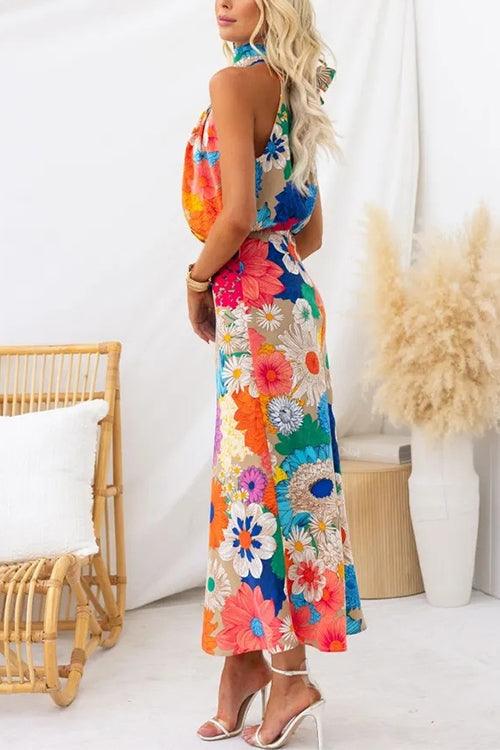 Sommer | Ärmelloses Maxikleid mit Bindegürtel und Blumenmuster
