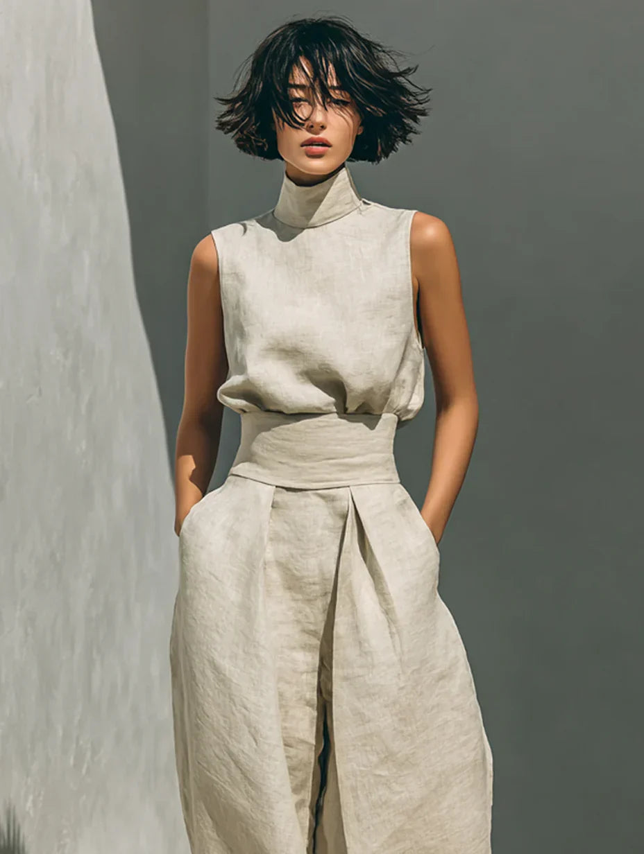 Flor™ | Minimalistisches Ensemble aus ärmelloser Bluse und weit geschnittene Hose aus Baumwolle und Leinen für Damen