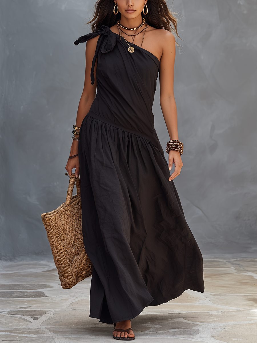 SELENA | Maxi Kleid Ein-Schulter Schwarz