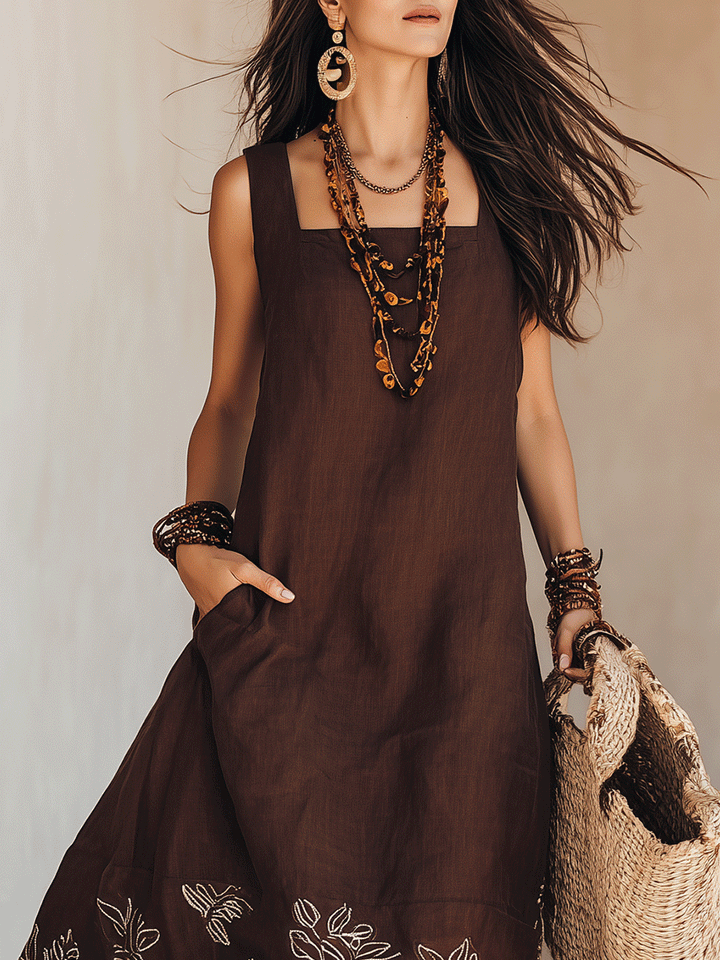 NOEMI | Midi Kleid aus Leinen im Boho-Stil mit Stickerei