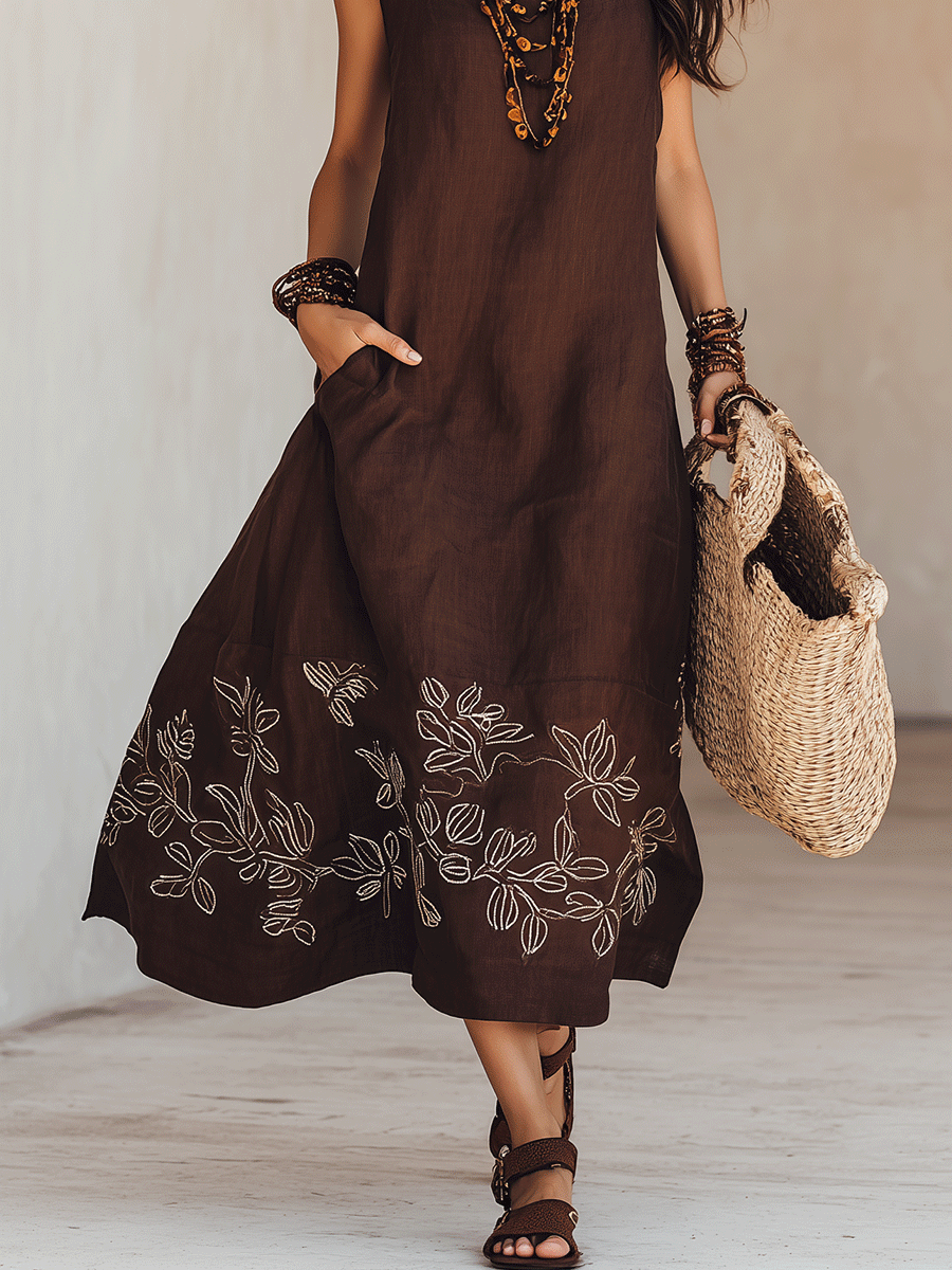 NOEMI | Midi Kleid aus Leinen im Boho-Stil mit Stickerei