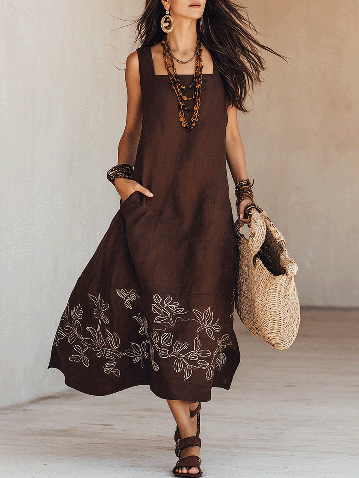 NOEMI | Midi Kleid aus Leinen im Boho-Stil mit Stickerei
