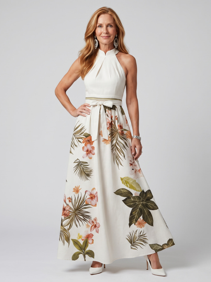 Wiese | Drapiertes Halter-Botanik-Panel-Maxikleid