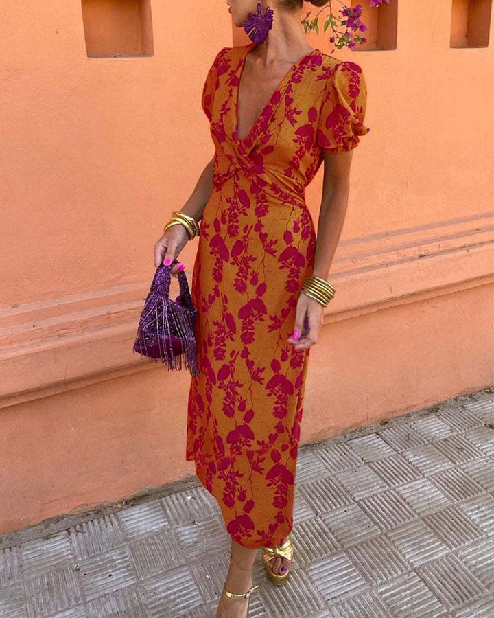 Abigail™ Schickes Blätterdruck V-Ausschnitt Kleid