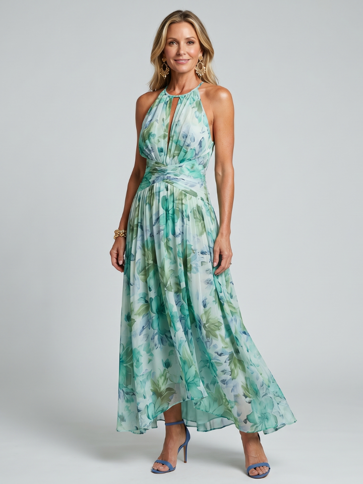 Portia | Plissiertes Halter-Soft-Blumenmuster-Midikleid
