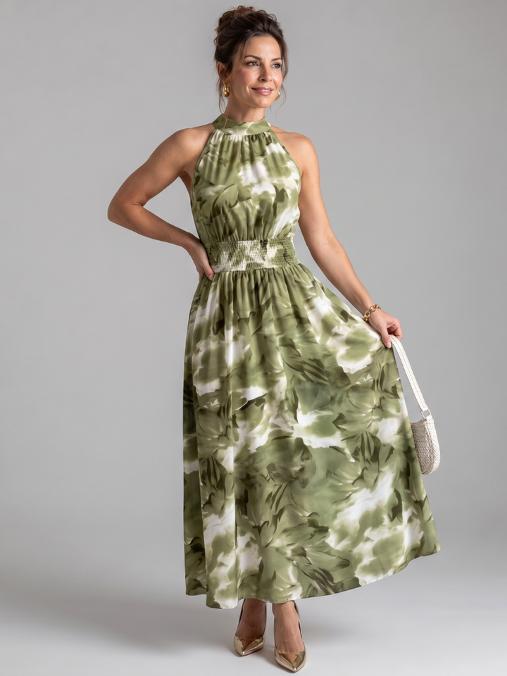Olivia | Midikleid mit gerafftem Bund und abstraktem Print