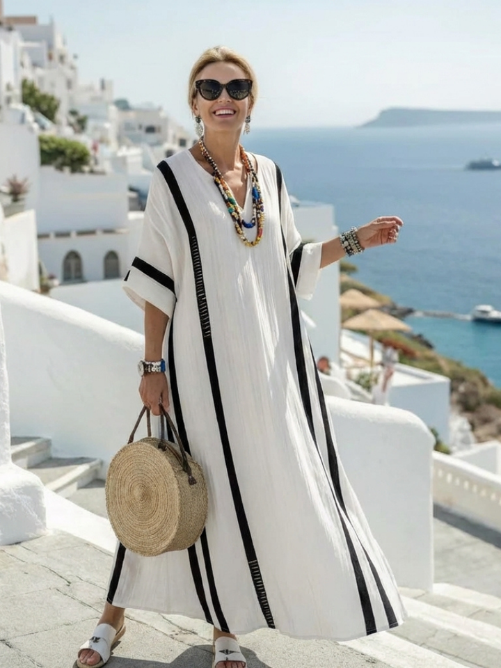 Elvienne | Kurzärmeliges Maxikleid mit Farbblockstreifen