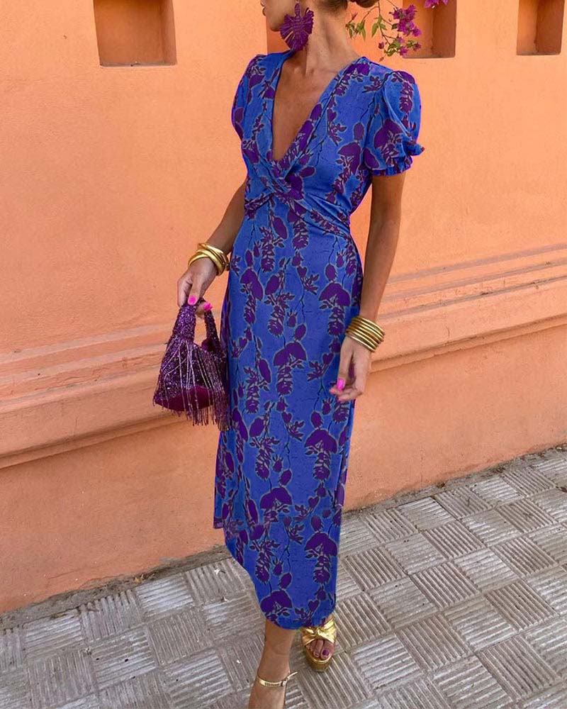 Abigail™ Schickes Blätterdruck V-Ausschnitt Kleid
