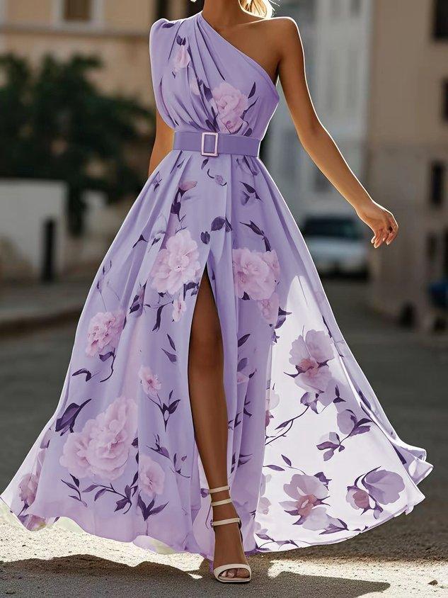 Julie | Hellgrünes Blumenchiffon-Ein-Schulter-Maxikleid