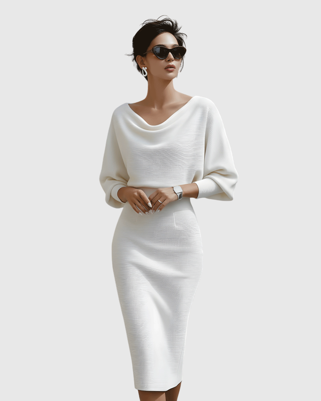 Ismeria | Weißes Drapiertes Batwing Midi-Kleid