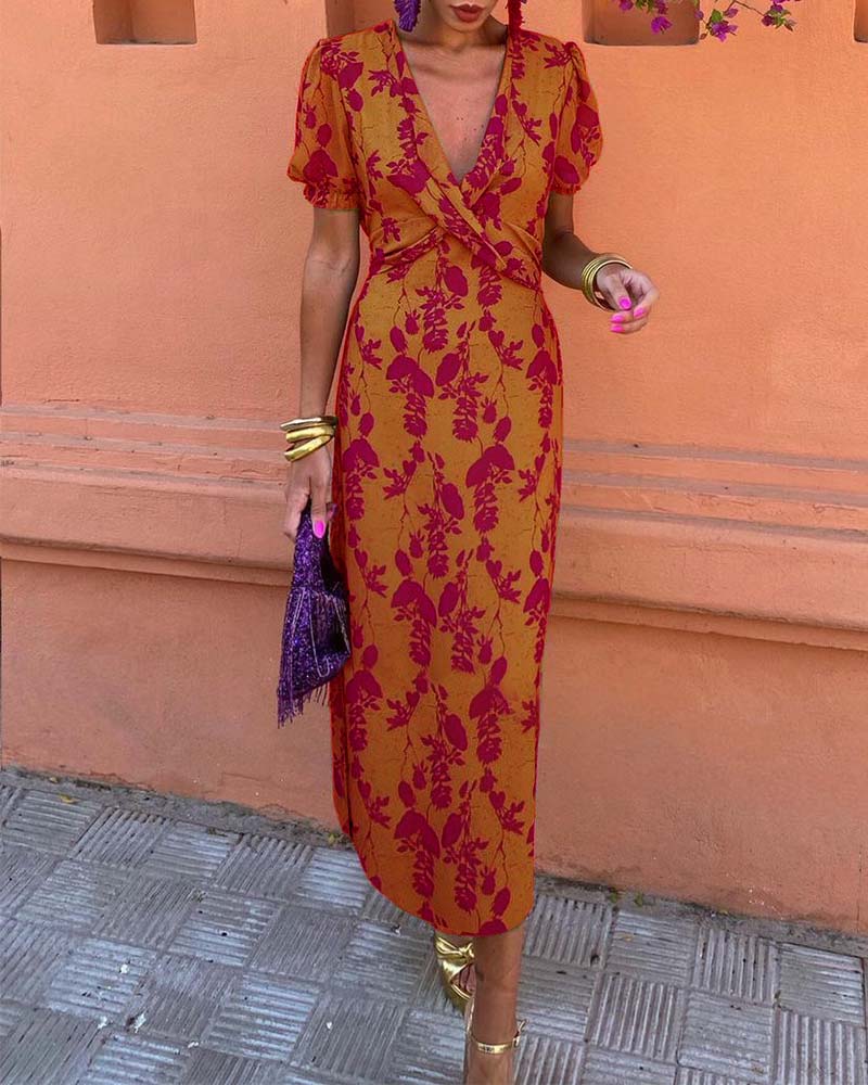 Abigail™ Schickes Blätterdruck V-Ausschnitt Kleid