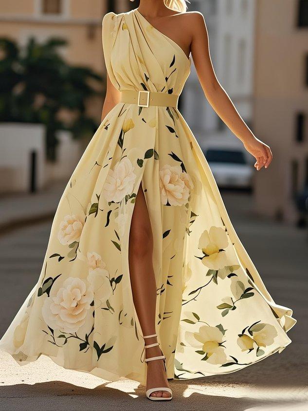 Julie | Hellgrünes Blumenchiffon-Ein-Schulter-Maxikleid