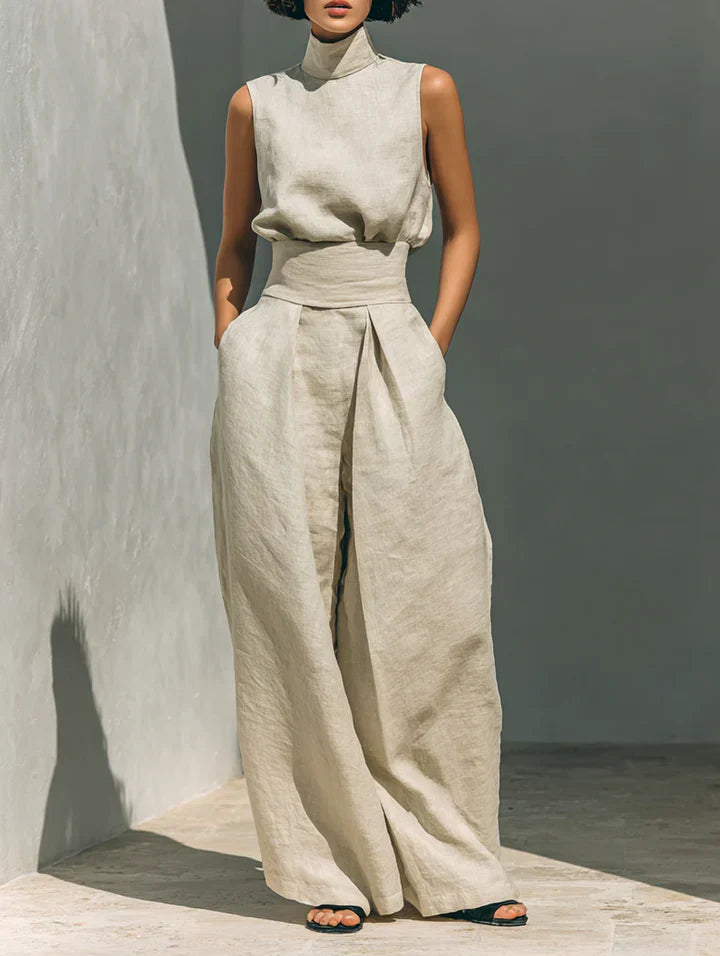 Flor™ | Minimalistisches Ensemble aus ärmelloser Bluse und weit geschnittene Hose aus Baumwolle und Leinen für Damen