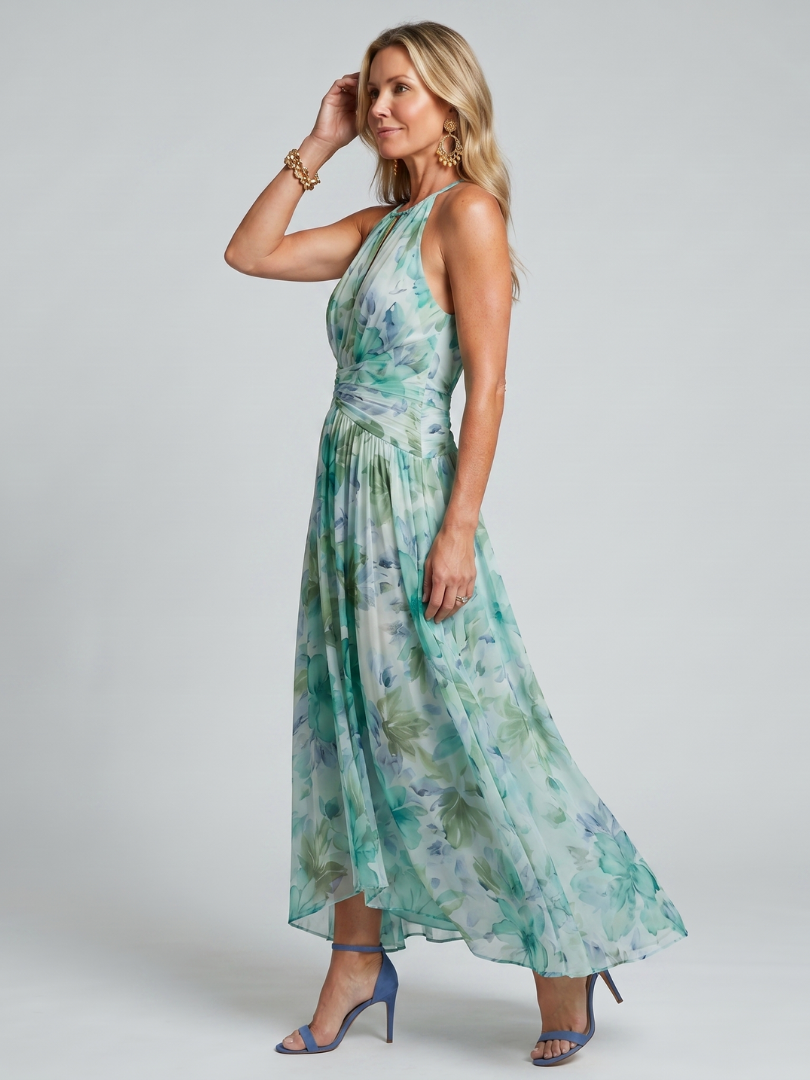 Portia | Plissiertes Halter-Soft-Blumenmuster-Midikleid