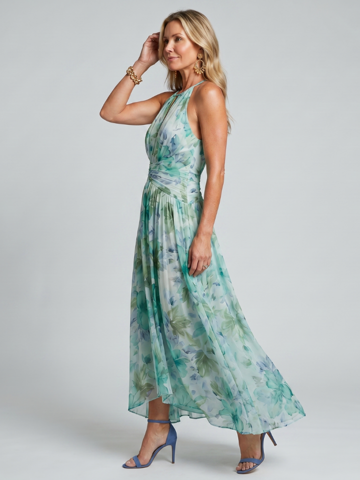Portia | Plissiertes Halter-Soft-Blumenmuster-Midikleid