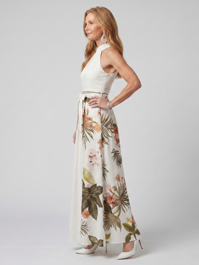Wiese | Drapiertes Halter-Botanik-Panel-Maxikleid