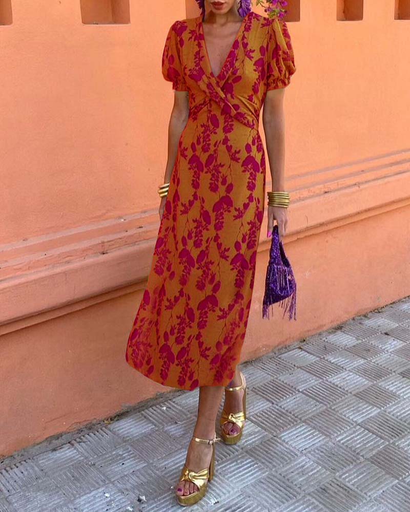 Abigail™ Schickes Blätterdruck V-Ausschnitt Kleid