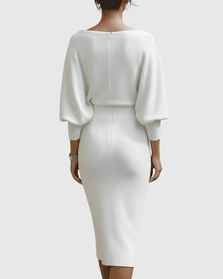 Ismeria | Weißes Drapiertes Batwing Midi-Kleid