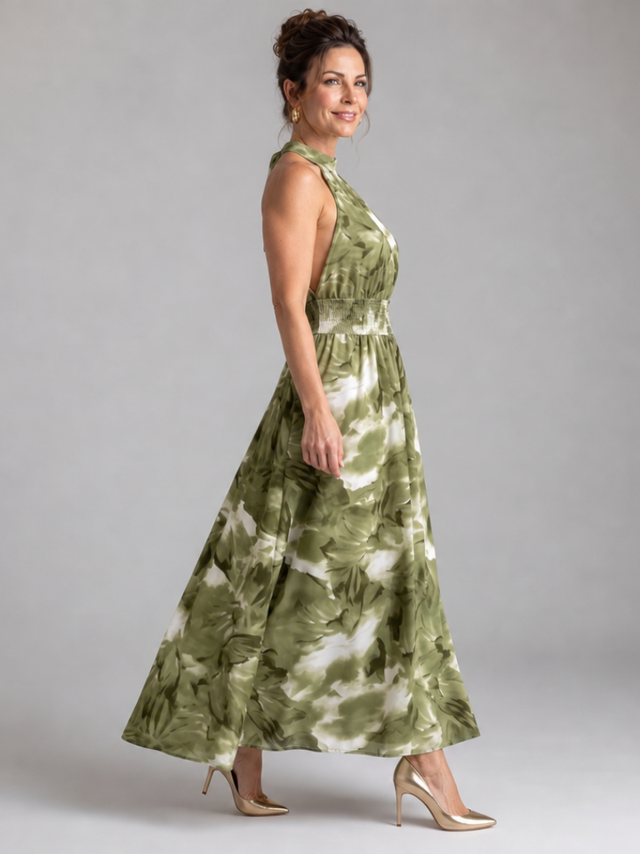 Olivia | Midikleid mit gerafftem Bund und abstraktem Print