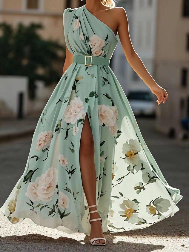 Julie | Hellgrünes Blumenchiffon-Ein-Schulter-Maxikleid