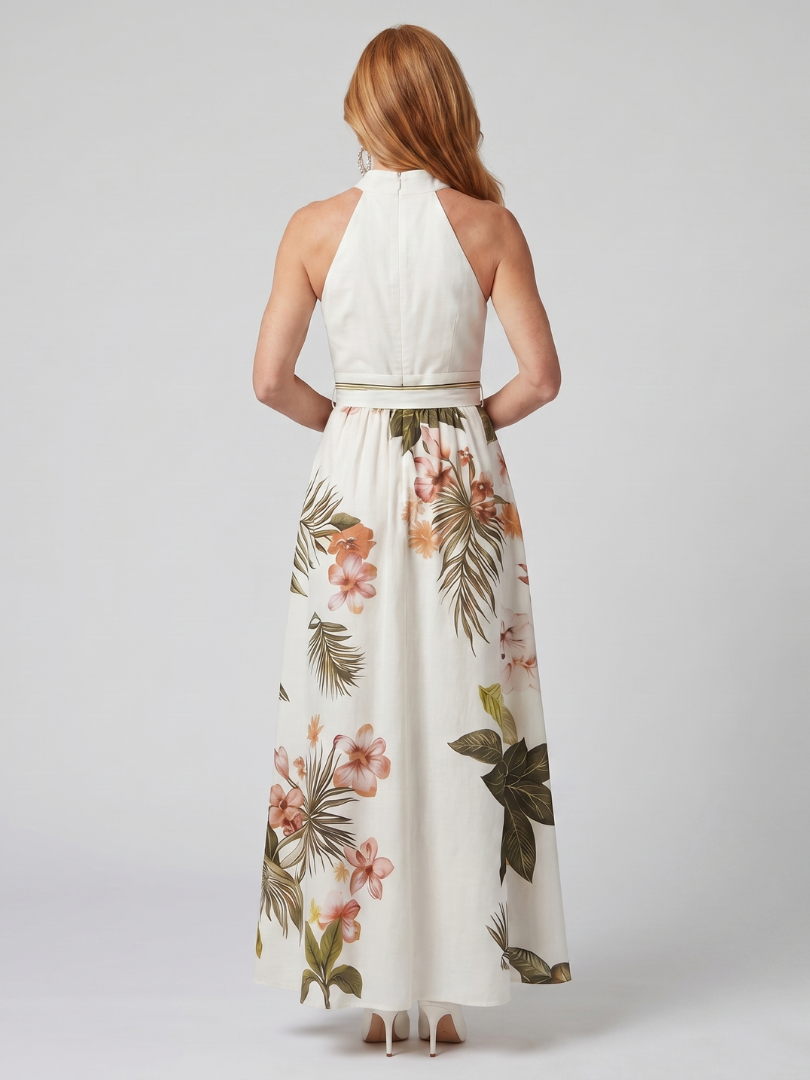 Wiese | Drapiertes Halter-Botanik-Panel-Maxikleid