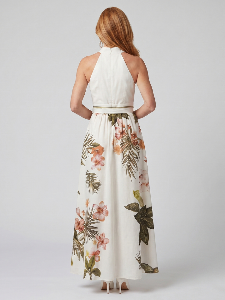 Wiese | Drapiertes Halter-Botanik-Panel-Maxikleid