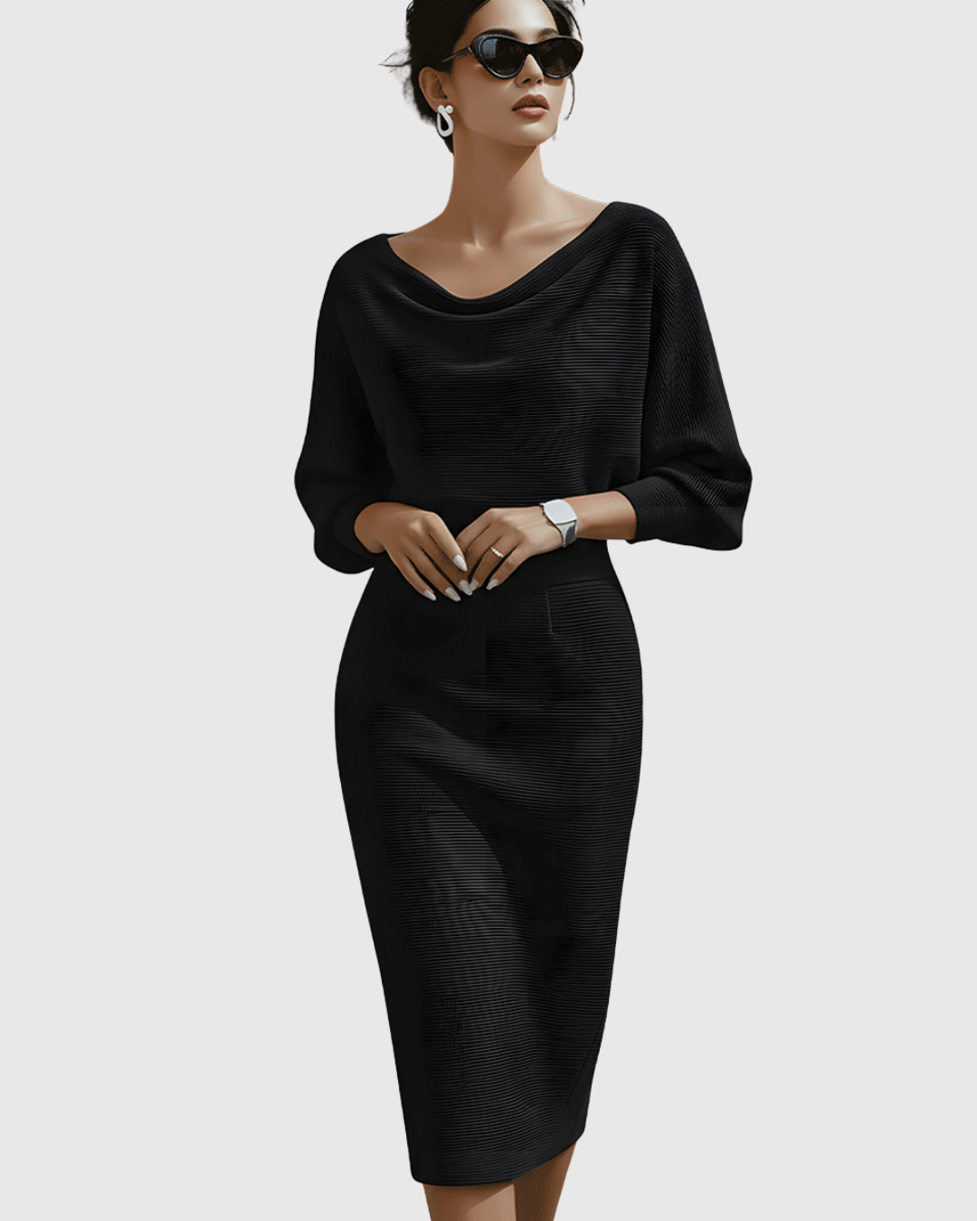 Ismeria | Weißes Drapiertes Batwing Midi Kleid