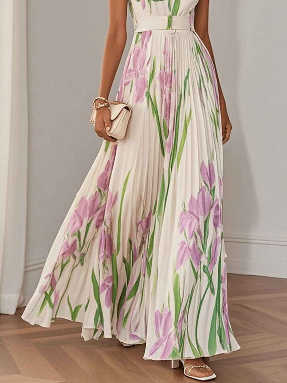 Marie | Weißes Plissiertes Floral Chiffon Maxikleid