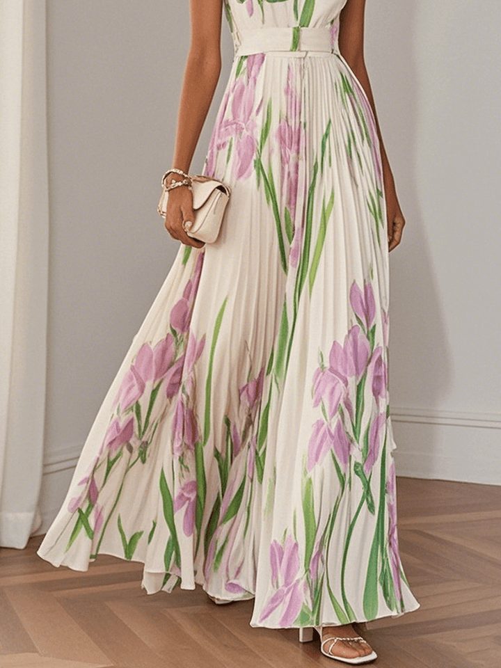 Marie | Weißes Plissiertes Floral Chiffon Maxikleid
