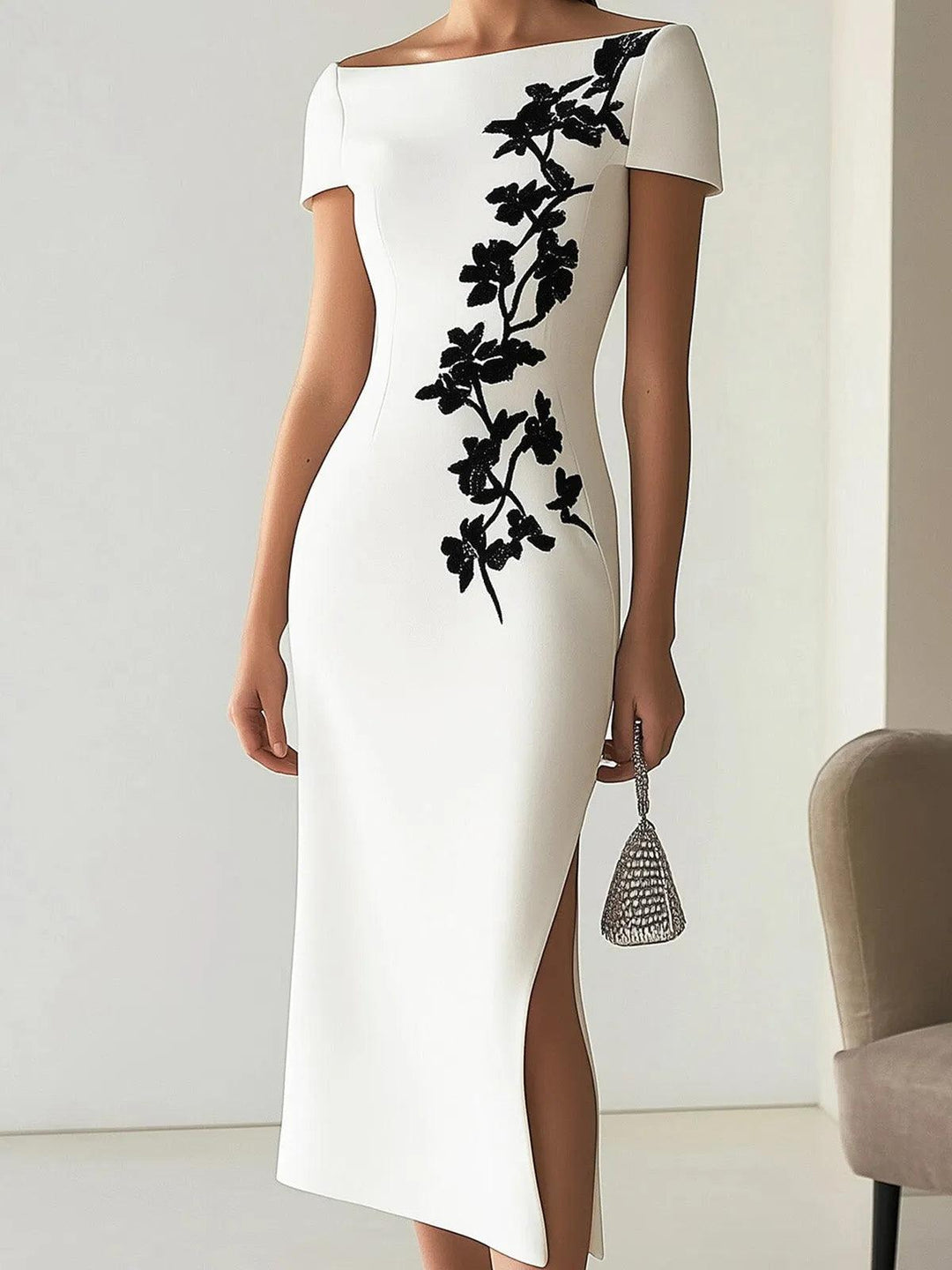 Audrey | Schickes Blumendruck Boot Neck Midi Kleid Outfit