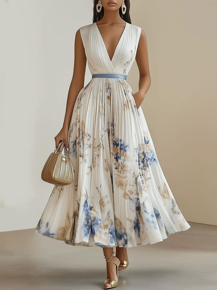 Chloe | Weißes Floral Chiffon V-Ausschnitt Plissiertes Midi-Kleid