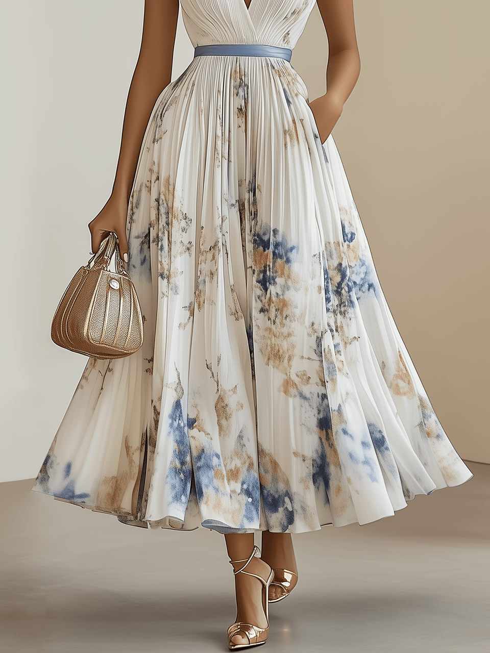 Chloe | Weißes Floral Chiffon V-Ausschnitt Plissiertes Midi-Kleid