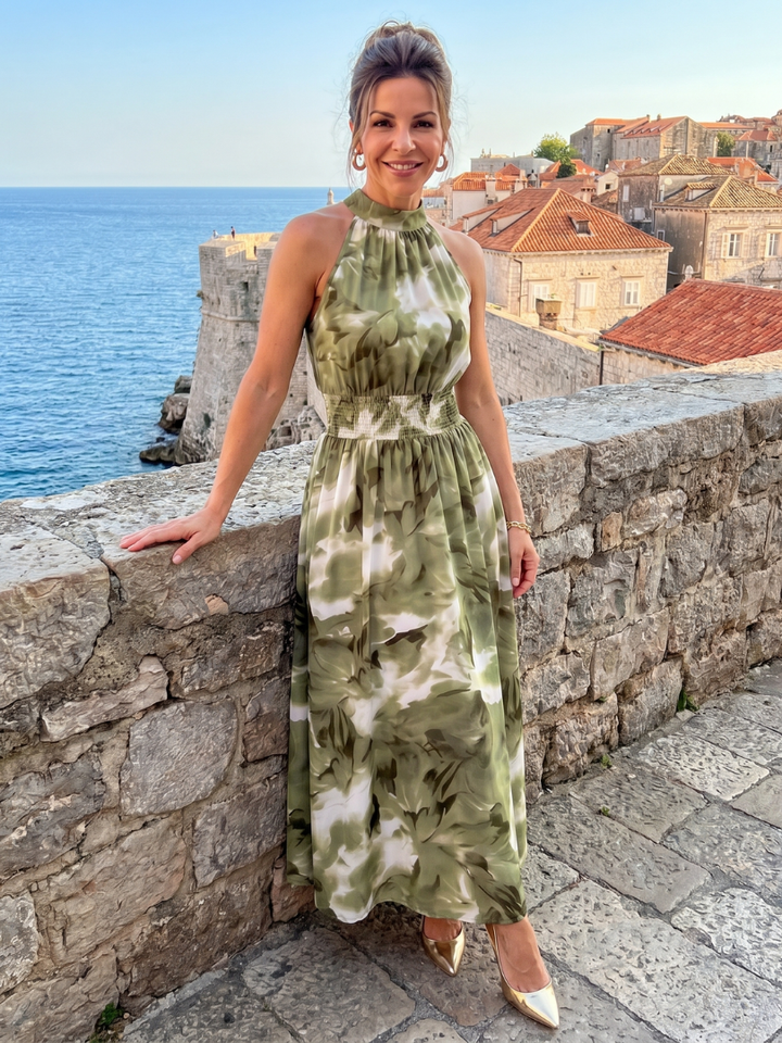 Olivia | Midikleid mit gerafftem Bund und abstraktem Print
