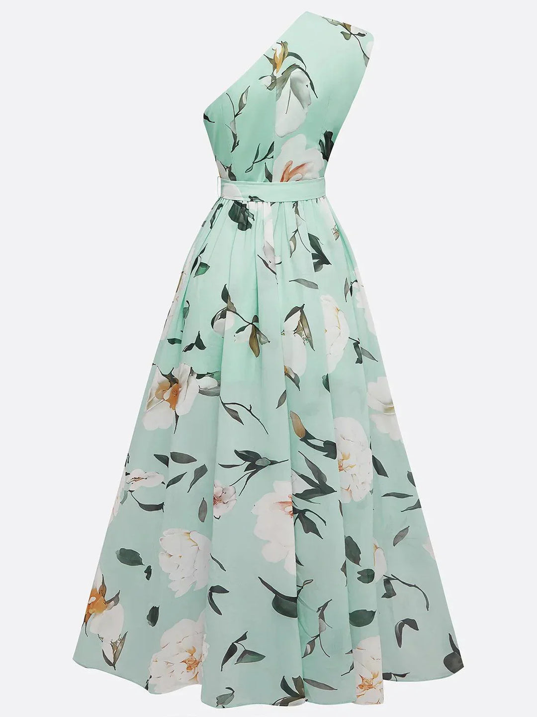 Julie | Hellgrünes Blumenchiffon-Ein-Schulter-Maxikleid