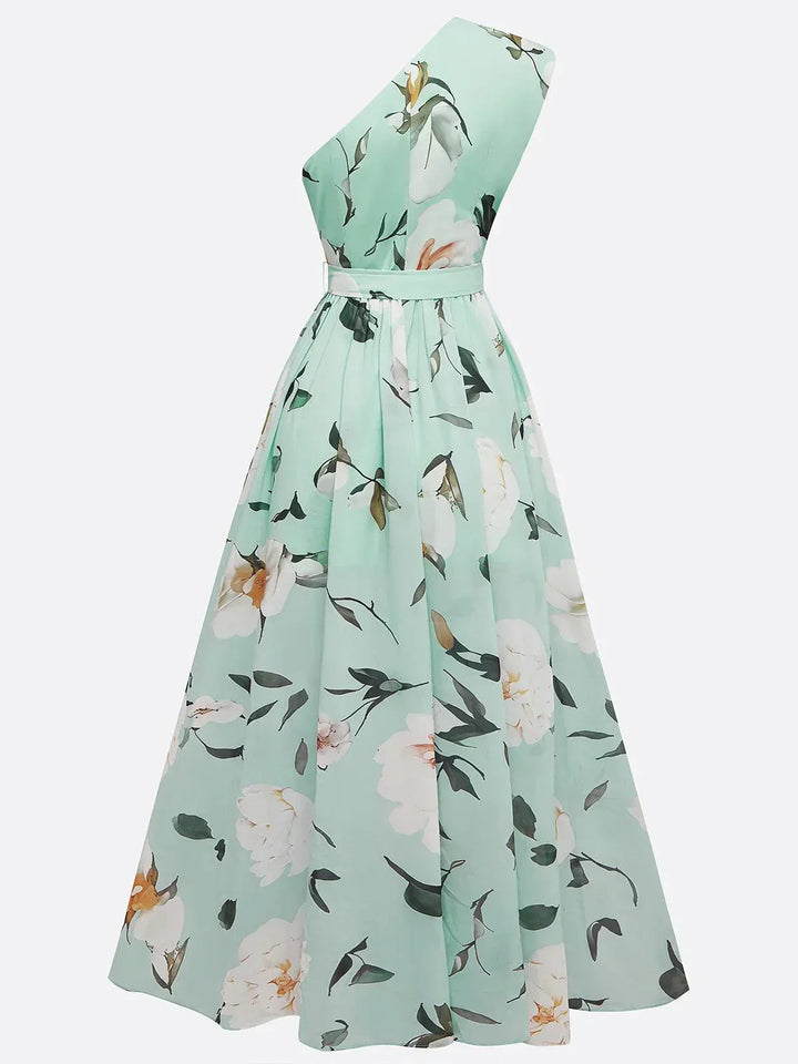 Julie | Hellgrünes Blumenchiffon-Ein-Schulter-Maxikleid