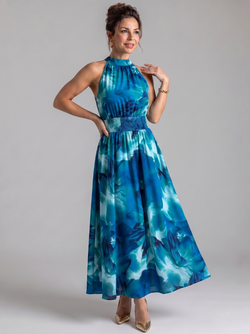 Olivia | Midikleid mit gerafftem Bund und abstraktem Print
