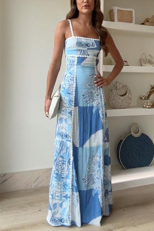 Eleonore | Ric Rac Träger Schleifen Rücken Bedrucktes Maxi-Kleid
