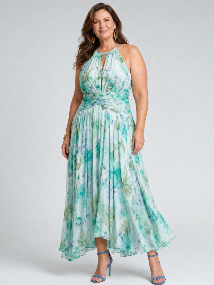 Portia | Plissiertes Halter-Soft-Blumenmuster-Midikleid