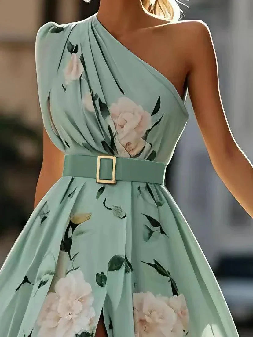 Julie | Hellgrünes Blumenchiffon-Ein-Schulter-Maxikleid