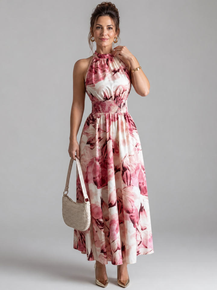 Olivia | Midikleid mit gerafftem Bund und abstraktem Print