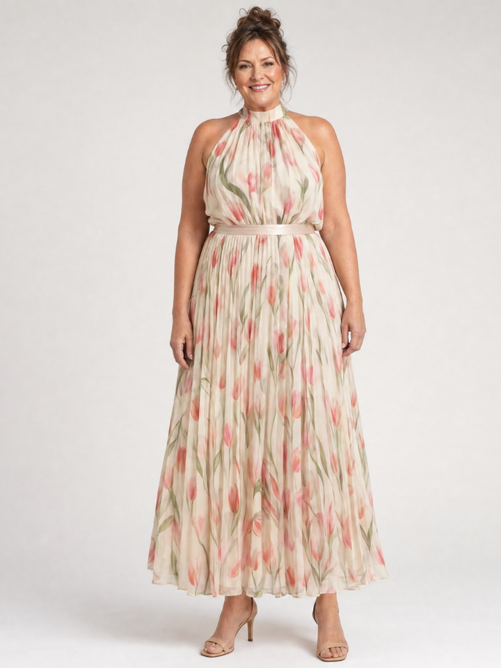 Aurelle | Halsband Blumen Midi Kleid