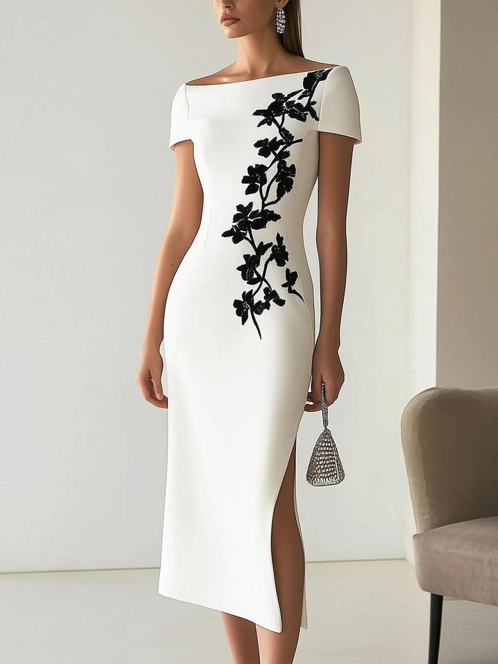 Audrey | Schickes Blumendruck Boot Neck Midi Kleid Outfit